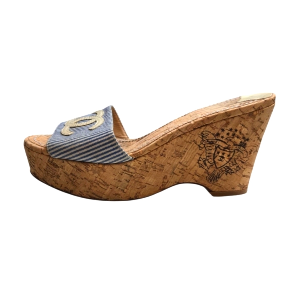 Chanel Classic CC Logo Cork Wedge Sandals Size 37 Authentic Vintage Y2K - Picture 4 of 13